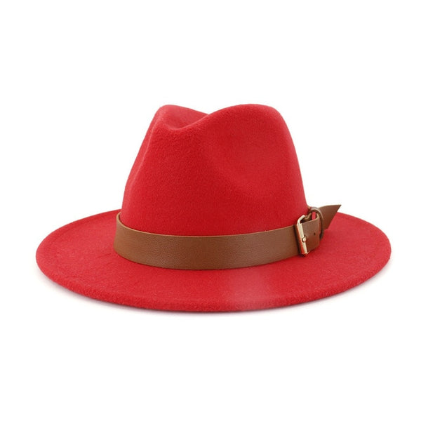 Fashion Men Women Wide Brim Wool Fedora Hat with Belt Buckl