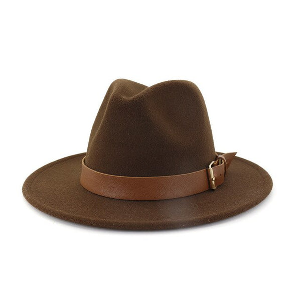 Fashion Men Women Wide Brim Wool Fedora Hat with Belt Buckl