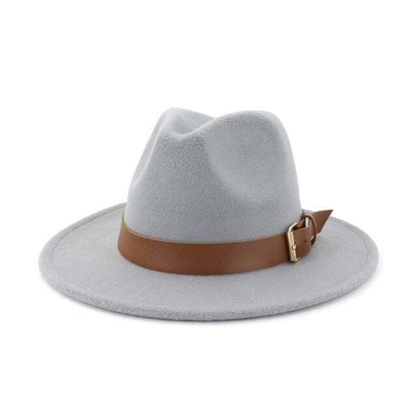 Fashion Men Women Wide Brim Wool Fedora Hat with Belt Buckl