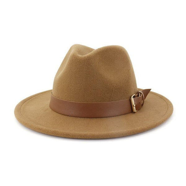 Fashion Men Women Wide Brim Wool Fedora Hat with Belt Buckl