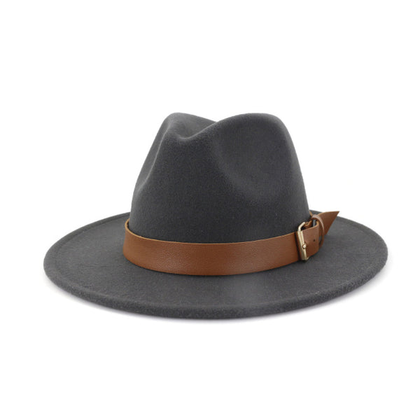 Fashion Men Women Wide Brim Wool Fedora Hat with Belt Buckl