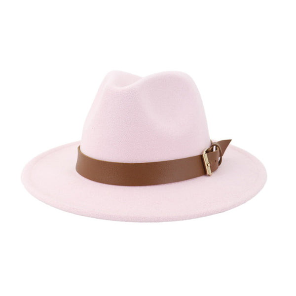 Fashion Men Women Wide Brim Wool Fedora Hat with Belt Buckl