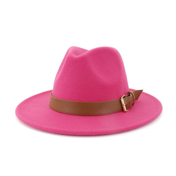 Fashion Men Women Wide Brim Wool Fedora Hat with Belt Buckl