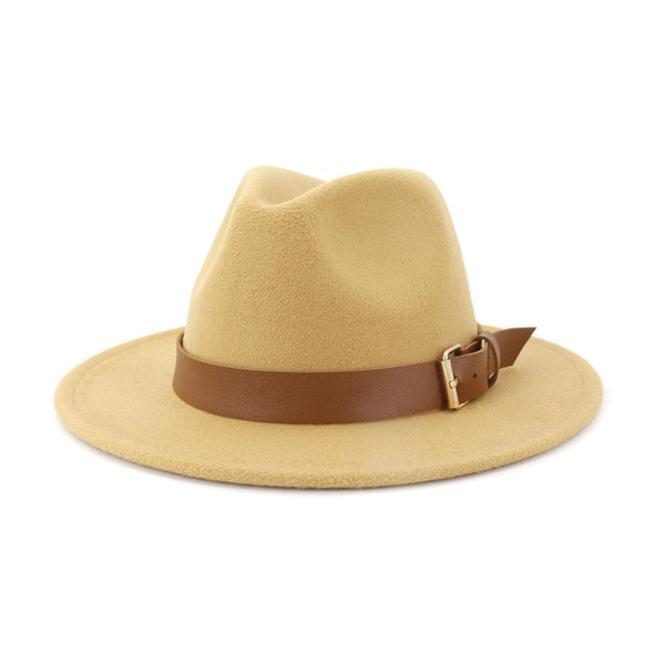 Fashion Men Women Wide Brim Wool Fedora Hat with Belt Buckl