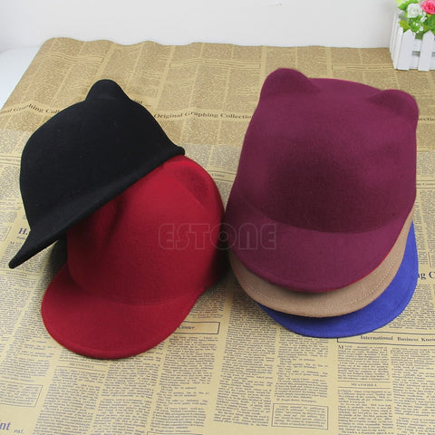 Devil Hat Cute Kitty Cat Ears Wool Derby Bowler Cap