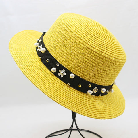 Elegant Pearl Sun Hat Wide Brim Summer Fedora Straw