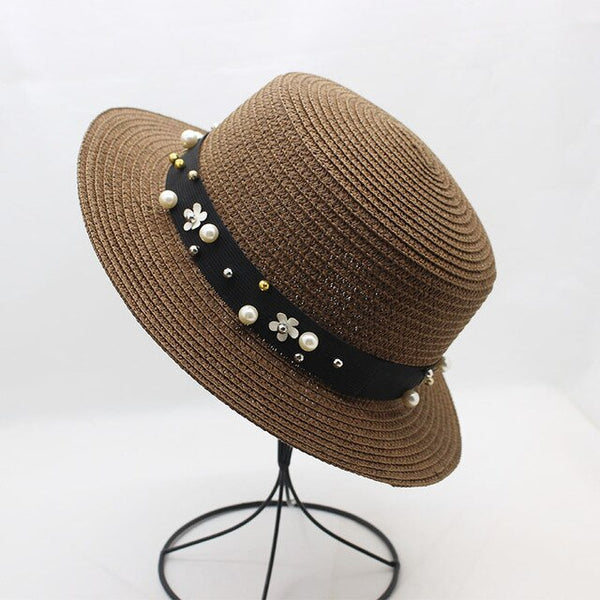 Elegant Pearl Sun Hat Wide Brim Summer Fedora Straw