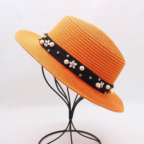 Elegant Pearl Sun Hat Wide Brim Summer Fedora Straw