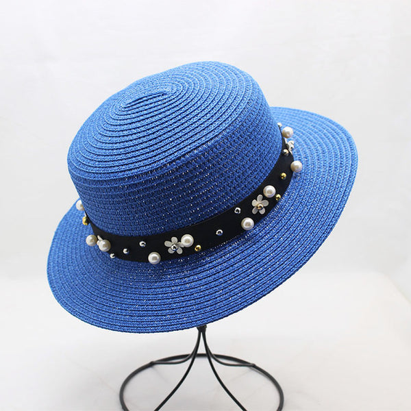 Elegant Pearl Sun Hat Wide Brim Summer Fedora Straw
