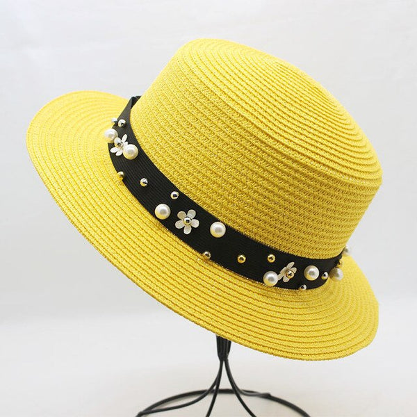 Elegant Pearl Sun Hat Wide Brim Summer Fedora Straw