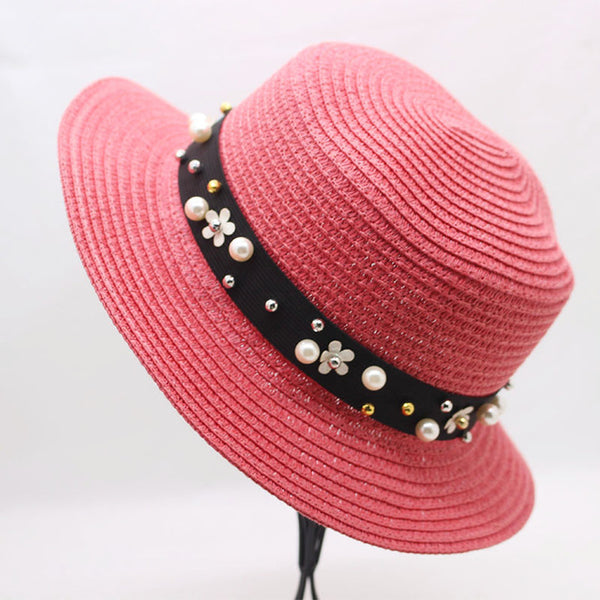 Elegant Pearl Sun Hat Wide Brim Summer Fedora Straw