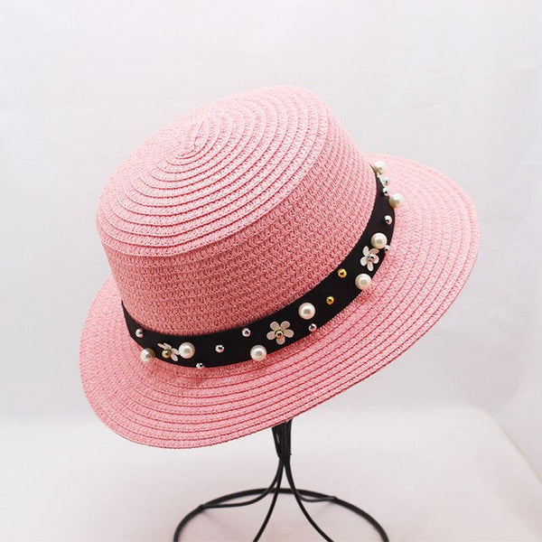 Elegant Pearl Sun Hat Wide Brim Summer Fedora Straw