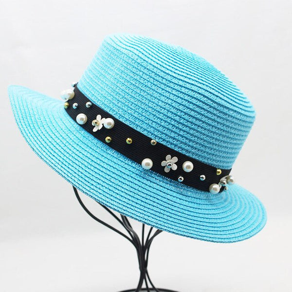 Elegant Pearl Sun Hat Wide Brim Summer Fedora Straw