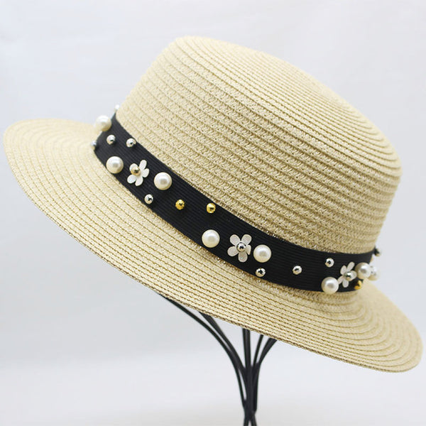 Elegant Pearl Sun Hat Wide Brim Summer Fedora Straw