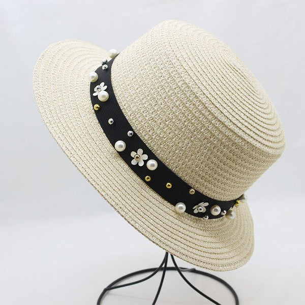 Elegant Pearl Sun Hat Wide Brim Summer Fedora Straw