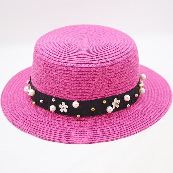 Elegant Pearl Sun Hat Wide Brim Summer Fedora Straw