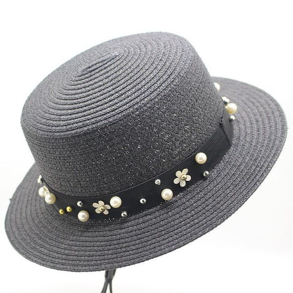 Elegant Pearl Sun Hat Wide Brim Summer Fedora Straw