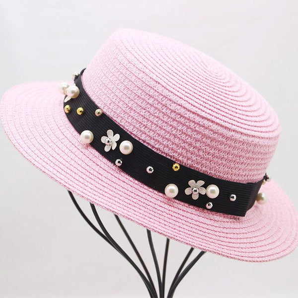 Elegant Pearl Sun Hat Wide Brim Summer Fedora Straw