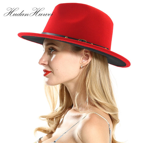 Unisex Flat Brim Wool Felt Fedora Hats with Belt Red Black Patchwork