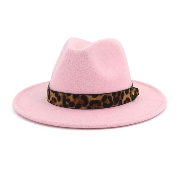 Wool Felt Jazz Fedora Hats with Leopard Grain Belt