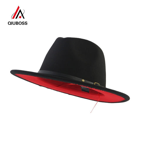 Black Red Patchwork Wool Felt Jazz Fedora Hats Belt Buckle Decor  Unisex